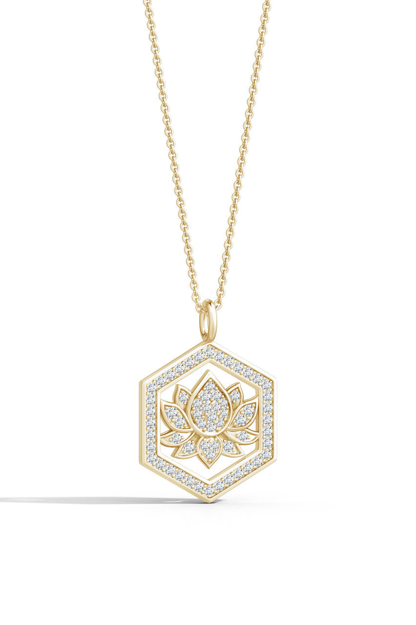 Indochine Spirit 14k Hexagon Frame Lotus Pave Diamond Pendant Necklace