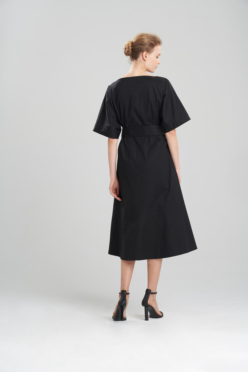 Cotton Poplin Embroidered Belted Dress - Black