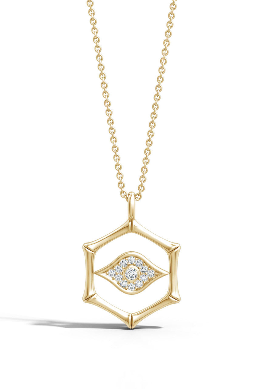 Indochine Spirit 14k Evil Eye Bamboo Hexagon Frame Diamond Necklace