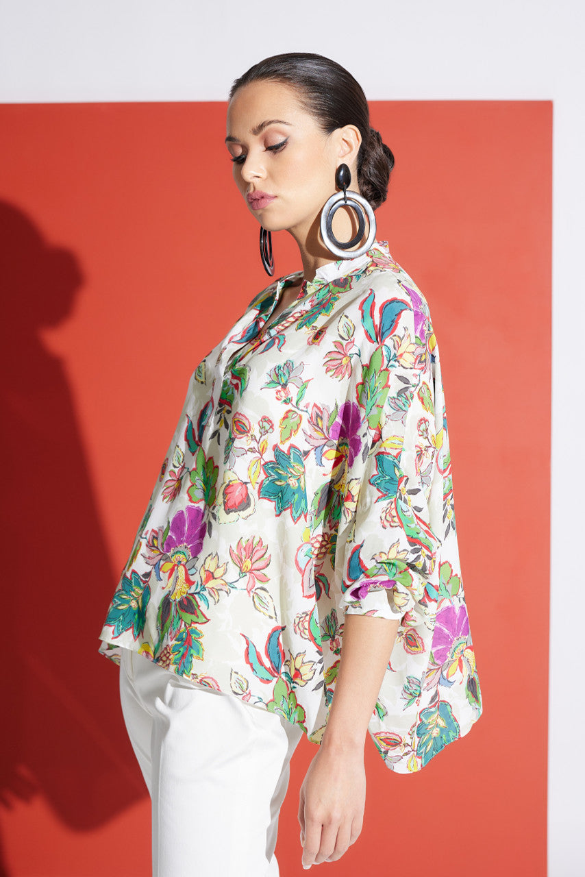 Sayuri Viscose Silk Crepê de Chine Caftan Shirt - white sand