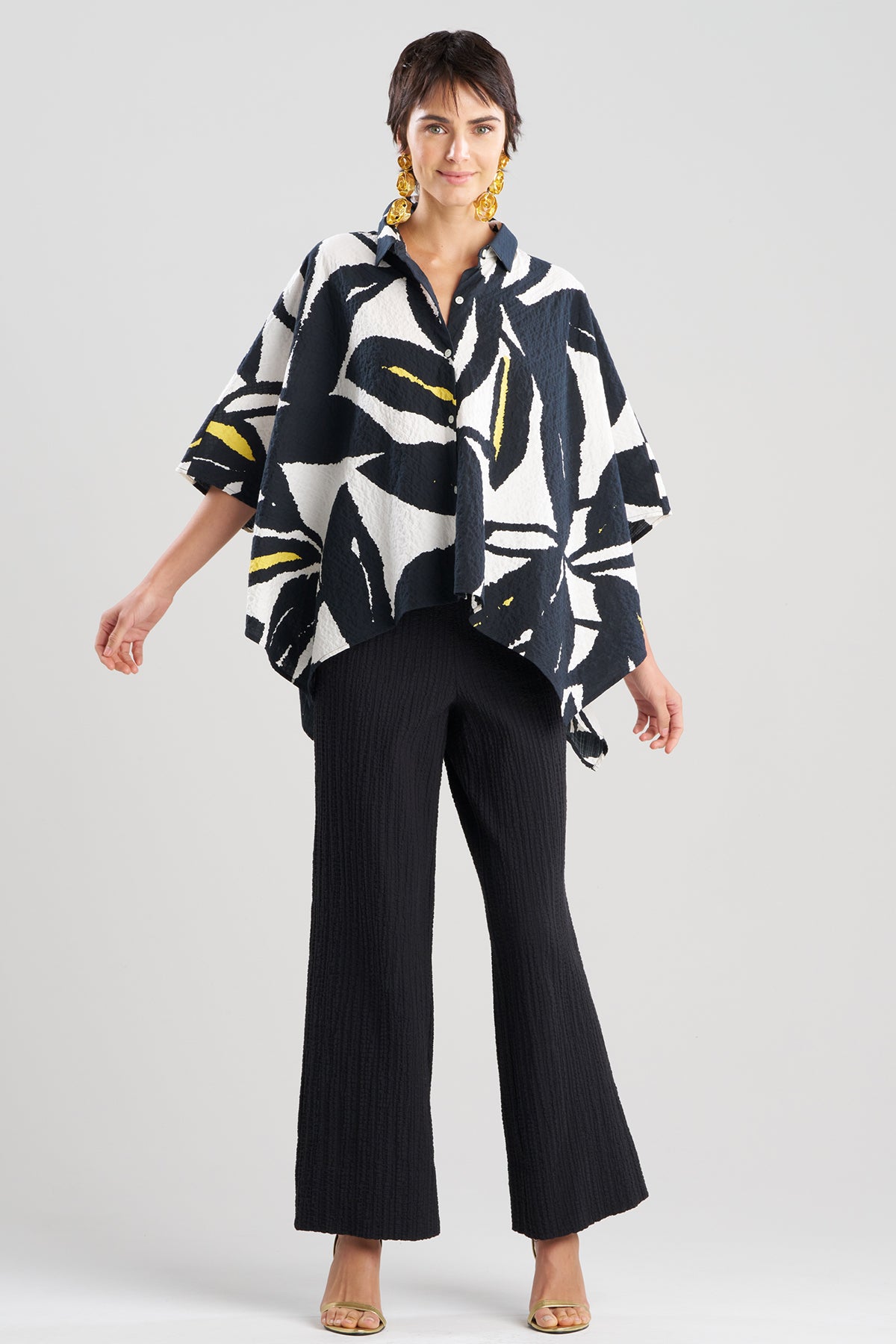 Leaf Matelassé Cotton Button Down Caftan Shirt