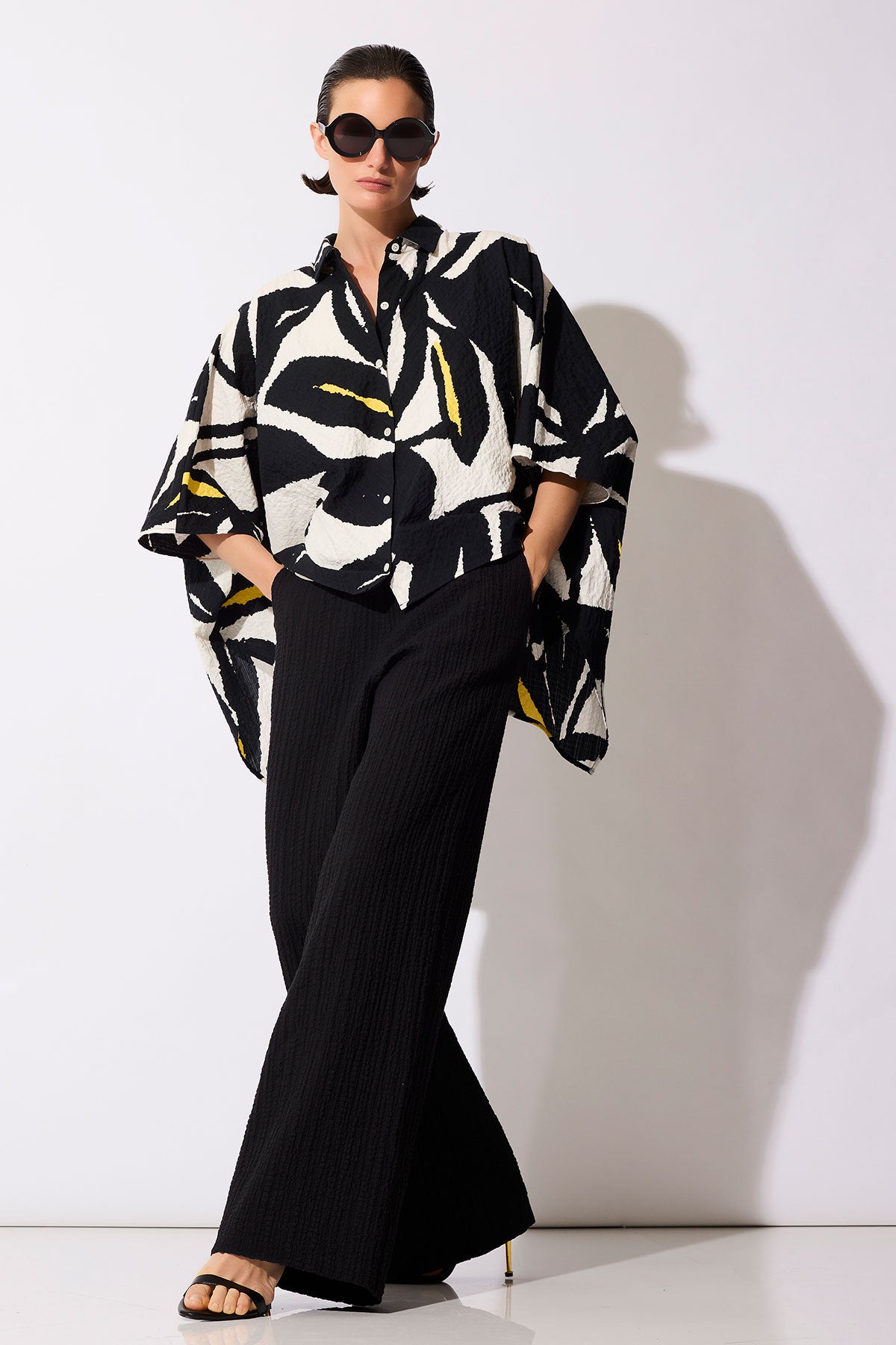 Leaf Matelassé Cotton Button Down Caftan Shirt