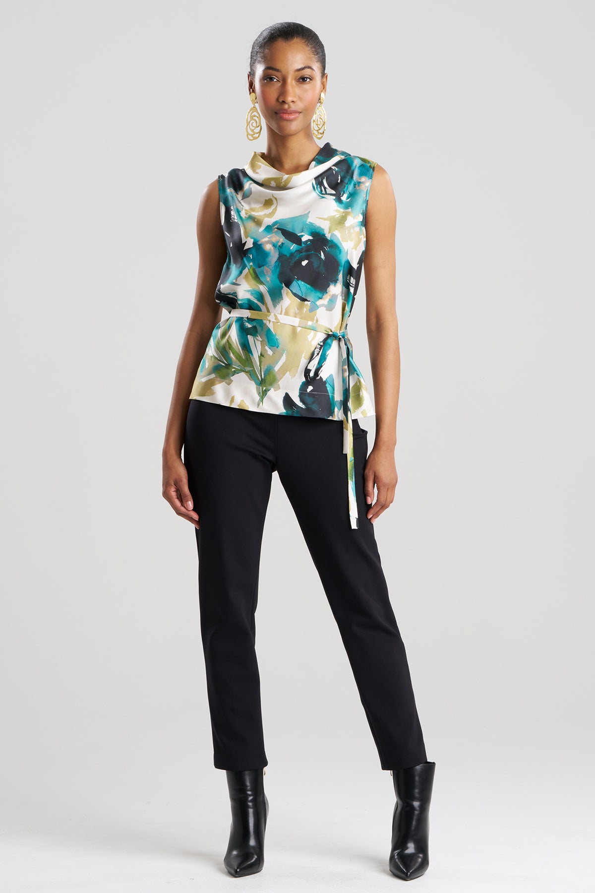 Mira Silk Twill Belted Funnel Neck Top