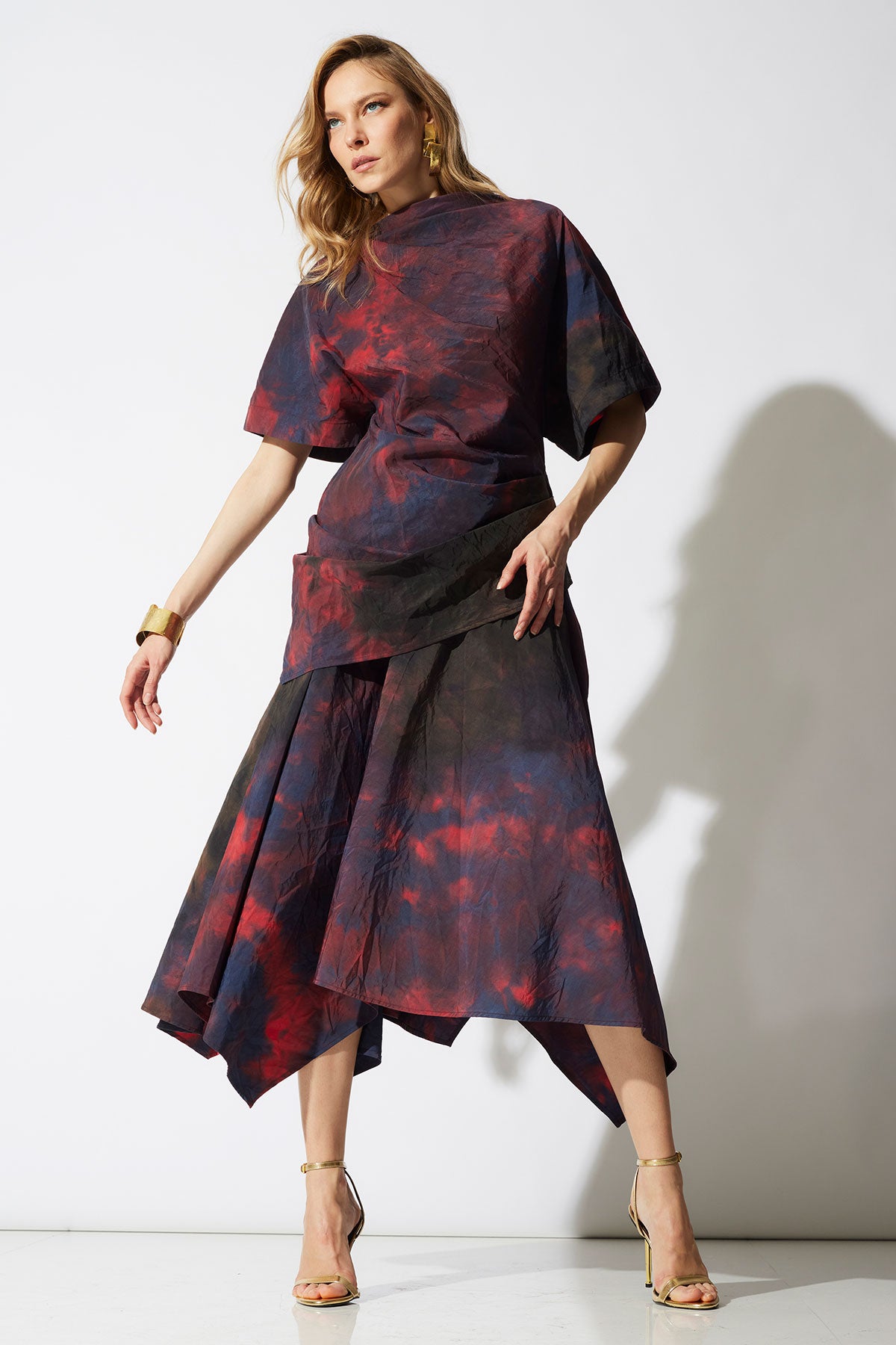 Niji Tie Dye Taffeta Asymmetric Draped Top