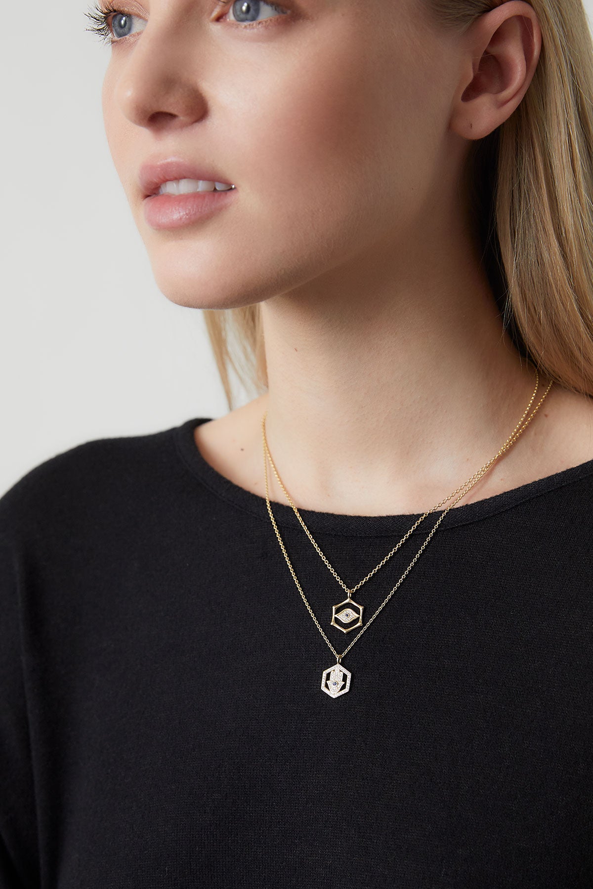 Indochine Spirit 14k Bamboo Frame Hamsa Diamond Pendant Necklace