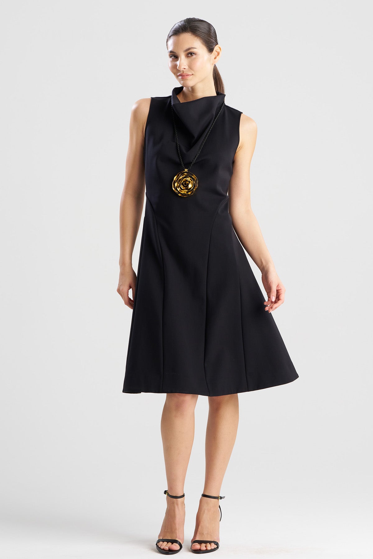 Techno Crepe Fit & Flare Funnel Neck Dress