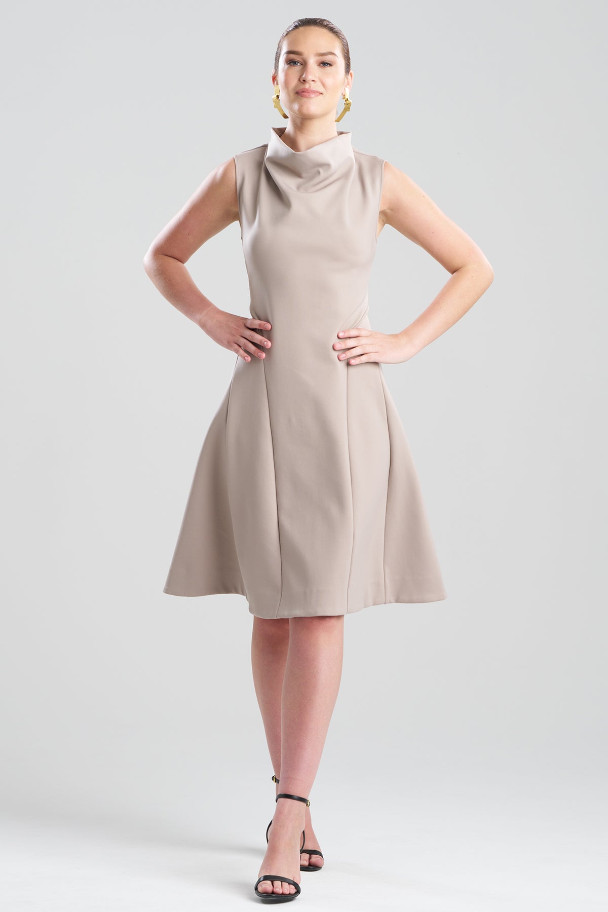 Techno Crepe Fit & Flare Funnel Neck Dress